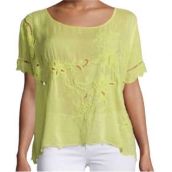 NWOT Johnny Was Yellow Sheree Short Sleeve Eyelet Blouse Size Petite Medium - Picture 1 of 13